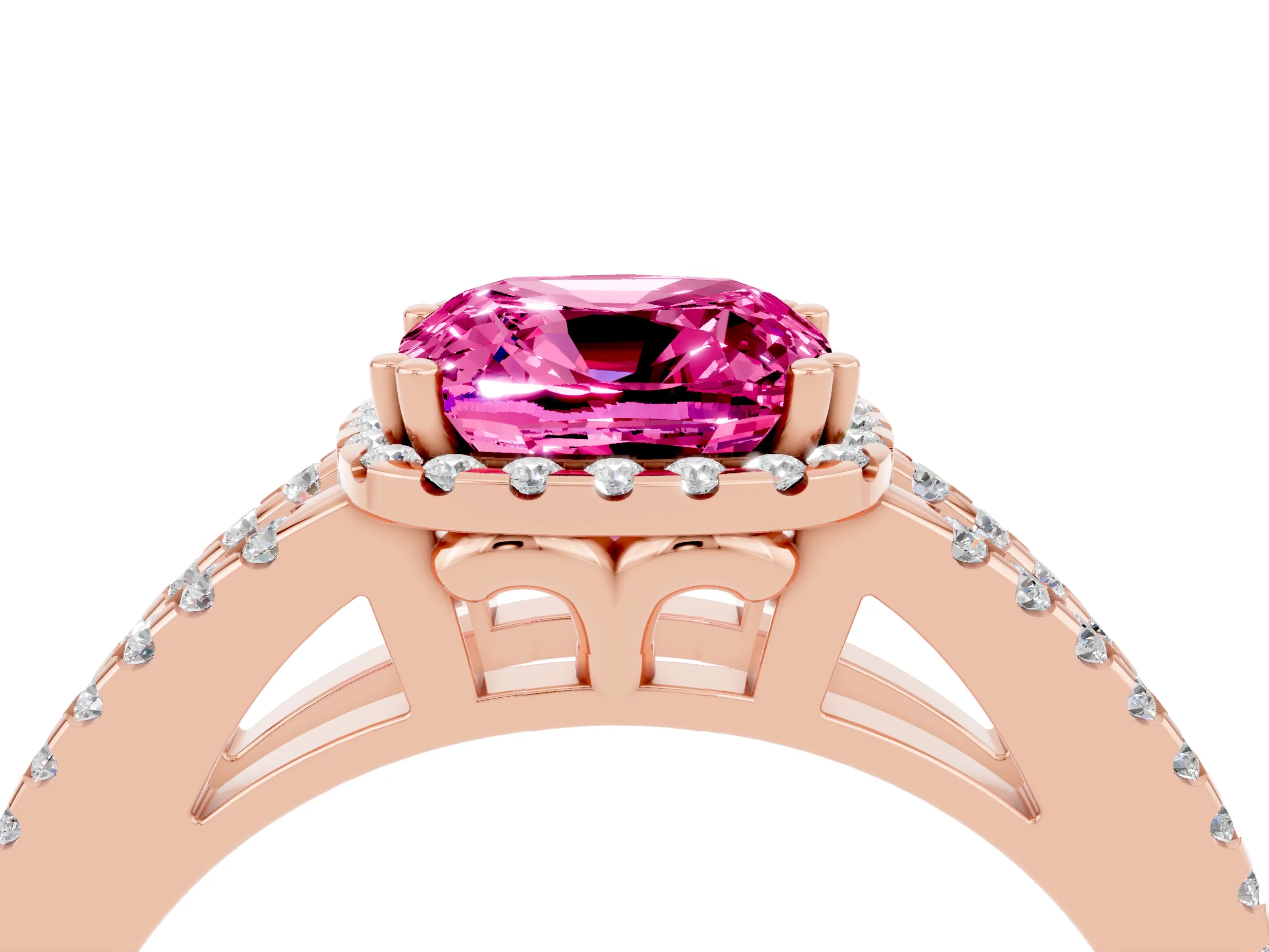 Rose gold Cushion Cut Pink Sapphire Halo Split Shank Engagement Ring_16