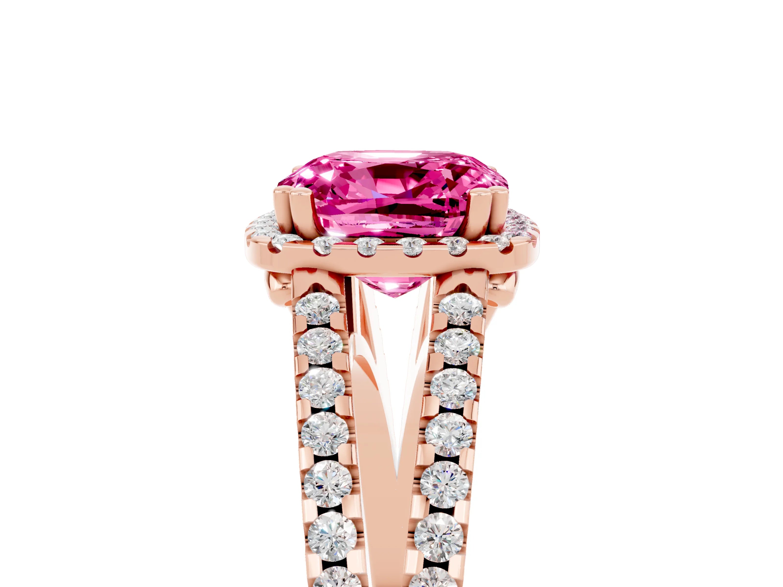 Rose gold Cushion Cut Pink Sapphire Halo Split Shank Engagement Ring_17