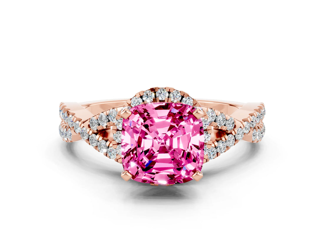 Rose gold Cushion Cut Pink Sapphire Halo Twist Band Solitaire Prong Setting Ring_24