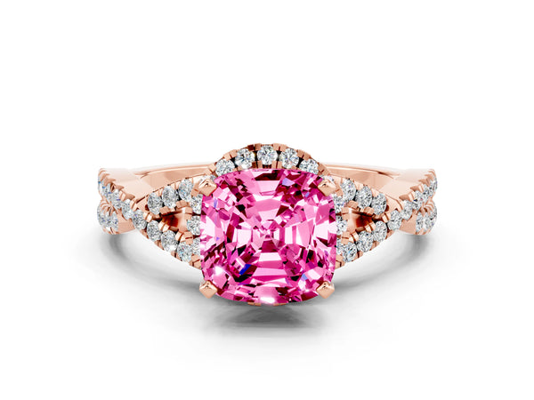 Rose gold Cushion Cut Pink Sapphire  Halo Twist Band Solitaire Prong Setting Ring