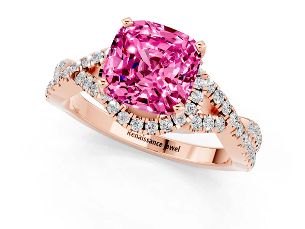 Rose gold Cushion Cut Pink Sapphire  Halo Twist Band Solitaire Prong Setting Ring