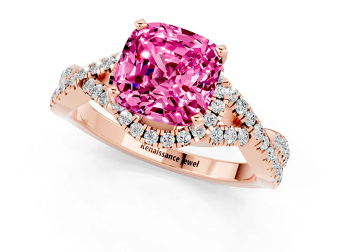 Rose gold Cushion Cut Pink Sapphire Halo Twist Band Solitaire Prong Setting Ring_25