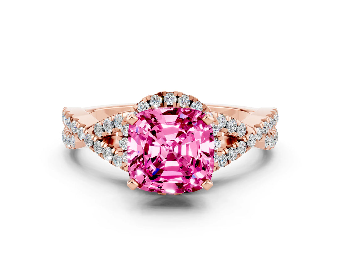 Rose gold Cushion Cut Pink Sapphire  Halo Twist Band Solitaire Prong Setting Ring_36