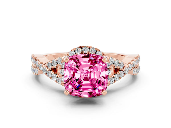 Rose gold Cushion Cut Pink Sapphire  Halo Twist Band Solitaire Prong Setting Ring