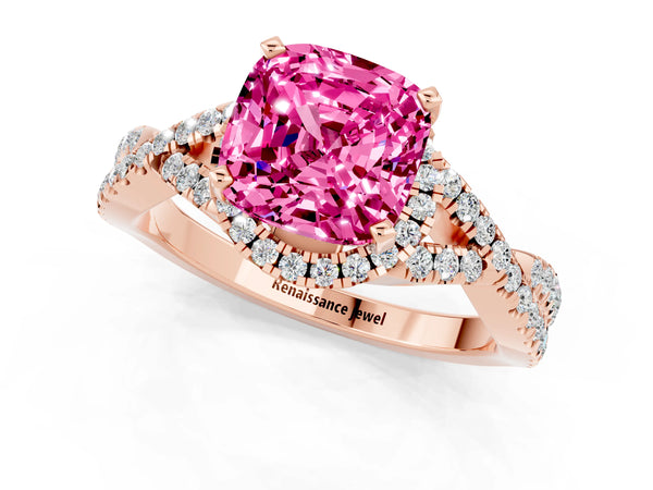 Rose gold Cushion Cut Pink Sapphire  Halo Twist Band Solitaire Prong Setting Ring