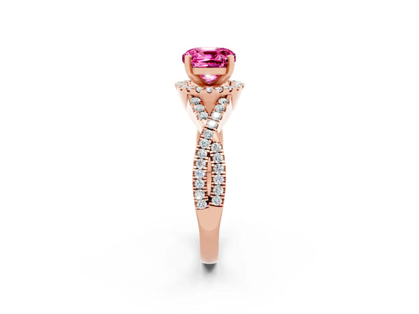 Rose gold Cushion Cut Pink Sapphire  Halo Twist Band Solitaire Prong Setting Ring
