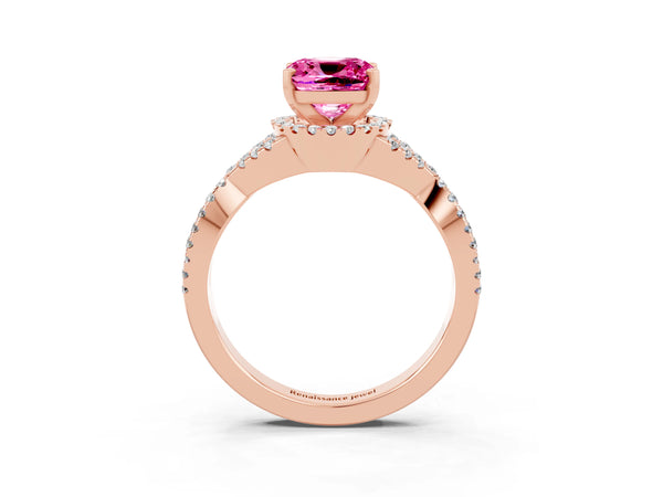 Rose gold Cushion Cut Pink Sapphire  Halo Twist Band Solitaire Prong Setting Ring