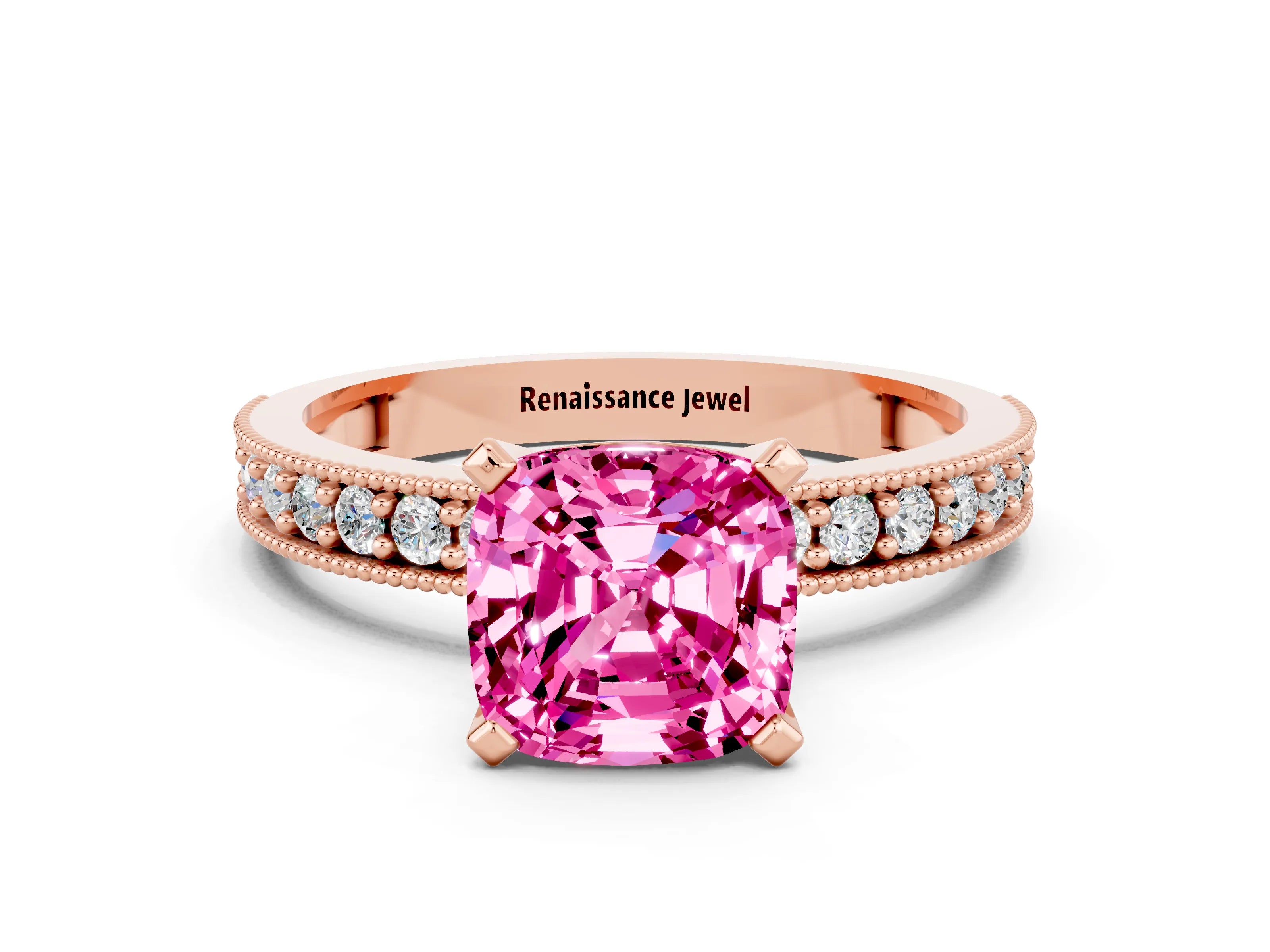 Rose gold Cushion Cut Pink Sapphire Milgrain Pavé Engagement Ring with Four-Prong Setting_36