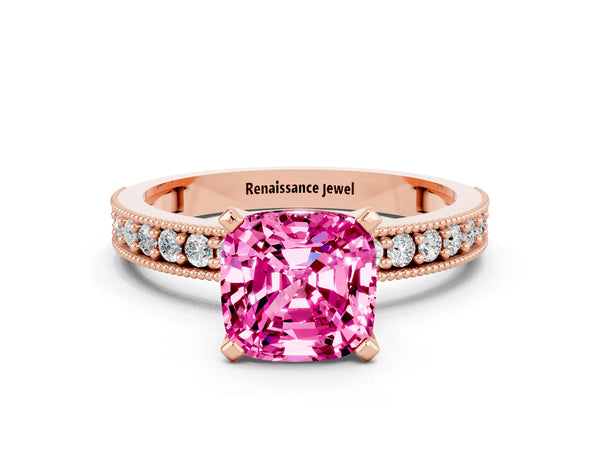 Rose gold Cushion Cut Pink Sapphire Milgrain Pavé Engagement Ring with Four-Prong Setting