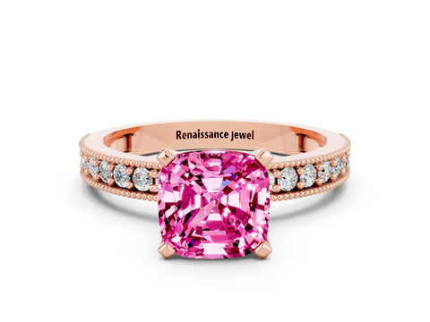 Rose gold Cushion Cut Pink Sapphire Milgrain Pavé Engagement Ring with Four-Prong Setting_36