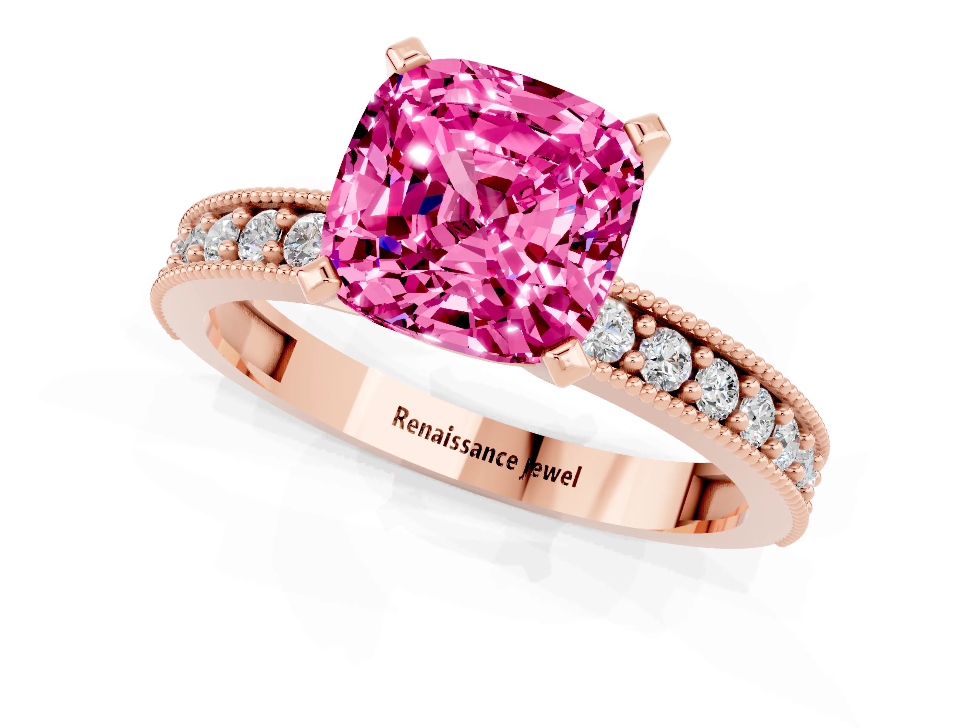 Rose gold Cushion Cut Pink Sapphire Milgrain Pavé Engagement Ring with Four-Prong Setting_37