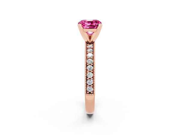 Rose gold Cushion Cut Pink Sapphire Milgrain Pavé Engagement Ring with Four-Prong Setting