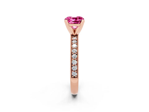 Rose gold Cushion Cut Pink Sapphire Milgrain Pavé Engagement Ring with Four-Prong Setting_38