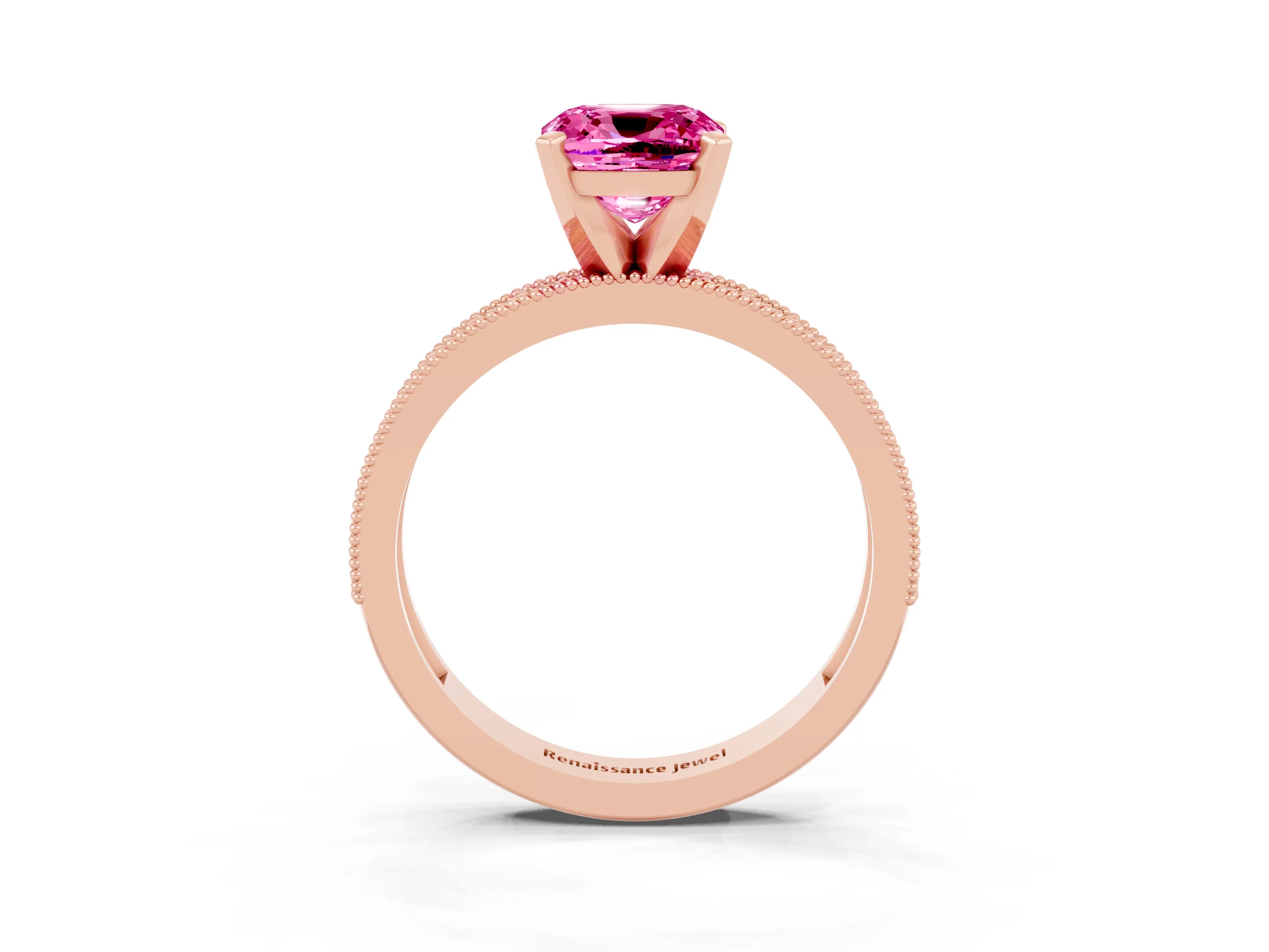 Rose gold Cushion Cut Pink Sapphire Milgrain Pavé Engagement Ring with Four-Prong Setting_39