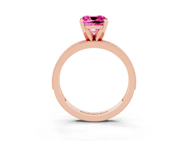 Rose gold Cushion Cut Pink Sapphire Milgrain Pavé Engagement Ring with Four-Prong Setting