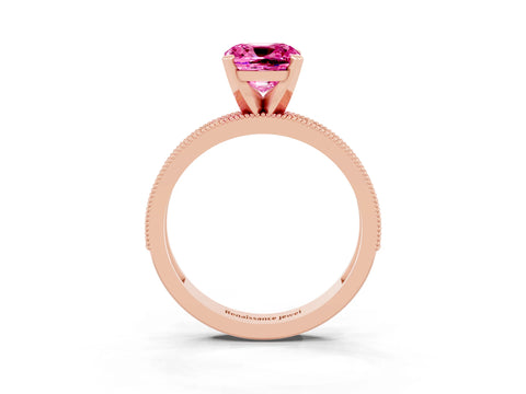 Rose gold Cushion Cut Pink Sapphire Milgrain Pavé Engagement Ring with Four-Prong Setting_39