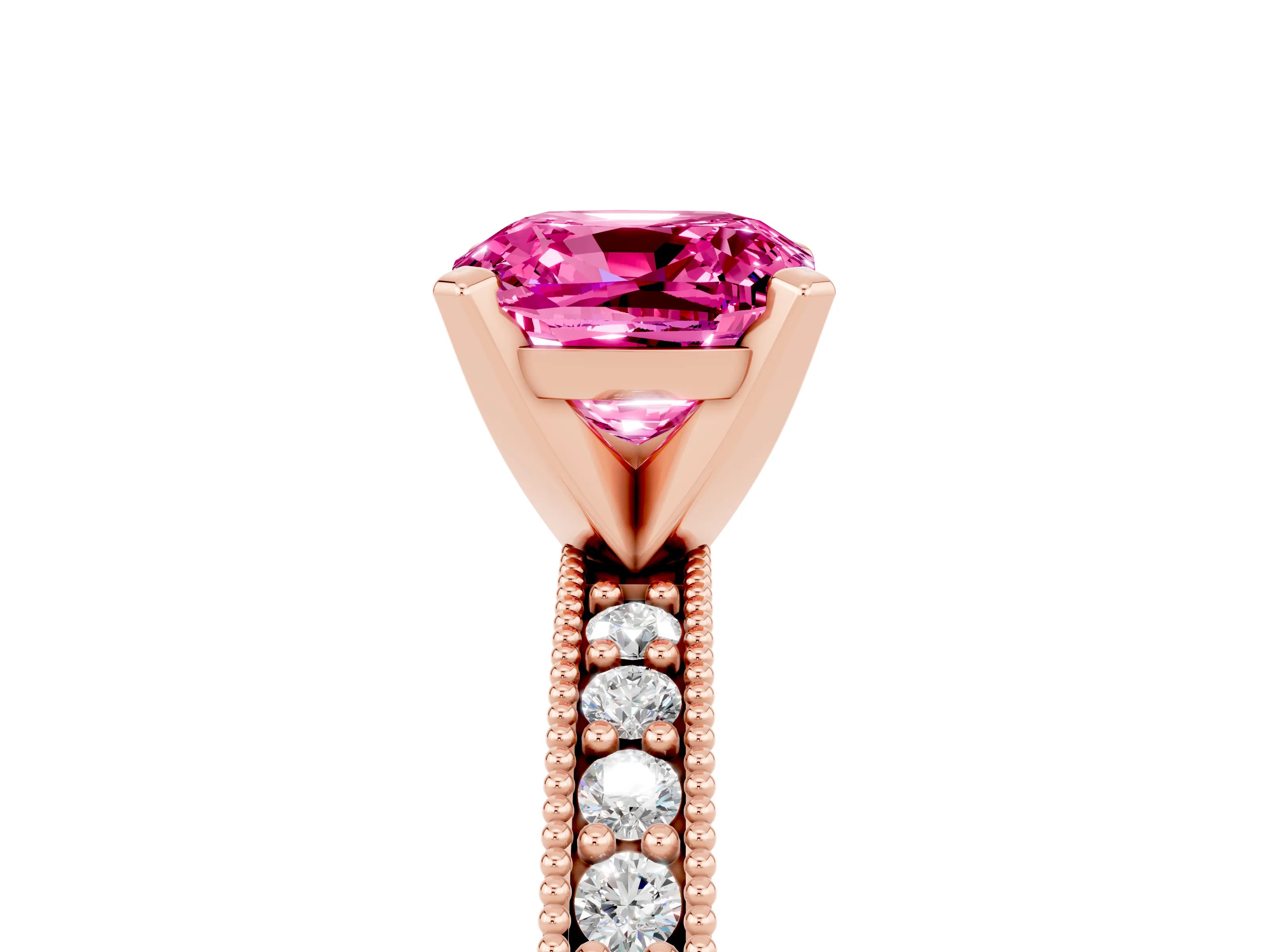 Rose gold Cushion Cut Pink Sapphire Milgrain Pavé Engagement Ring with Four-Prong Setting_41