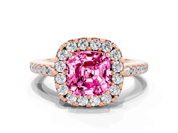 Rose gold Cushion Cut Pink Sapphire Pavé Halo Ring with Four-Prong Setting