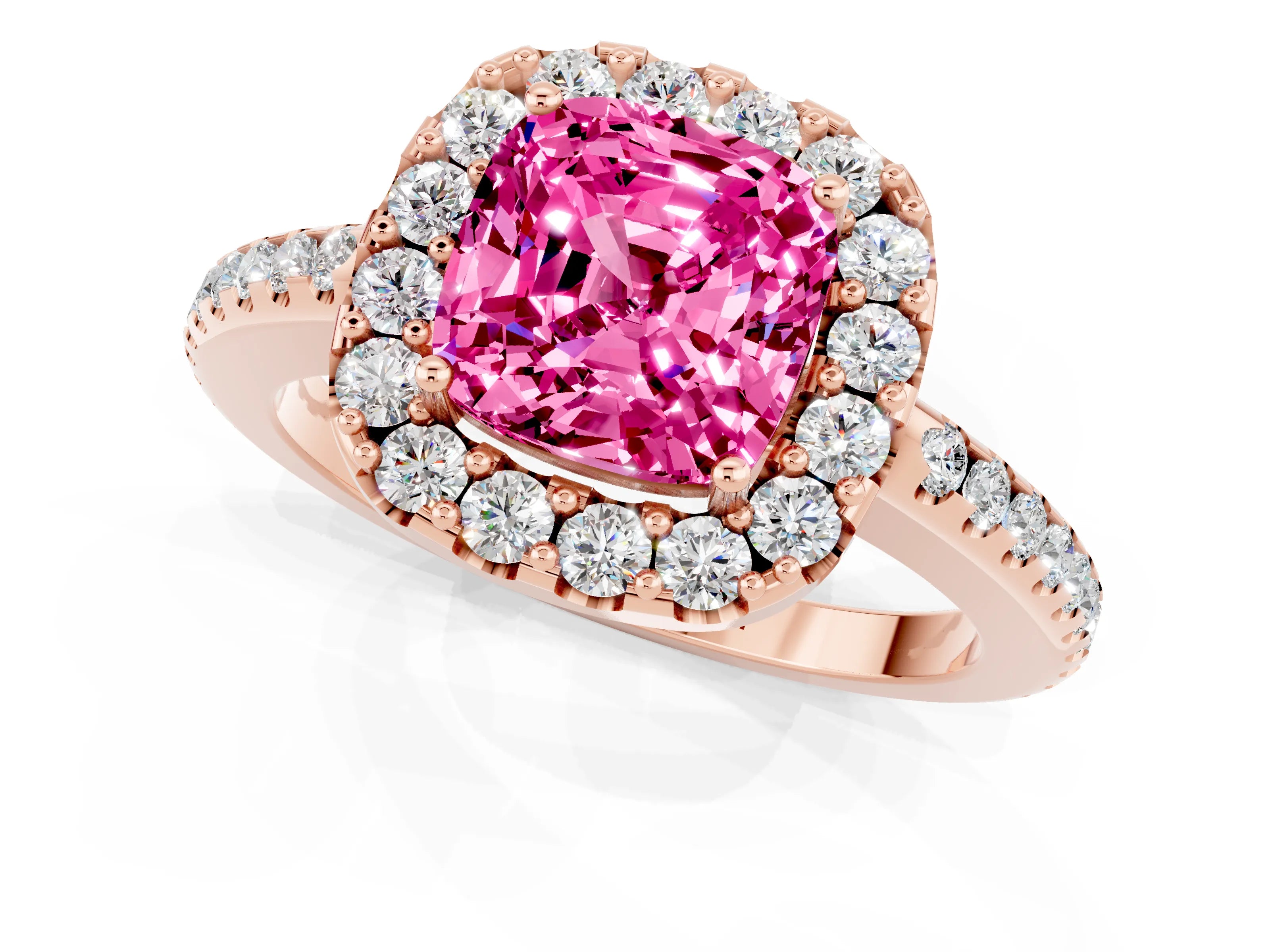 Rose gold Cushion Cut Pink Sapphire Pavé Halo Ring with Four-Prong Setting_13