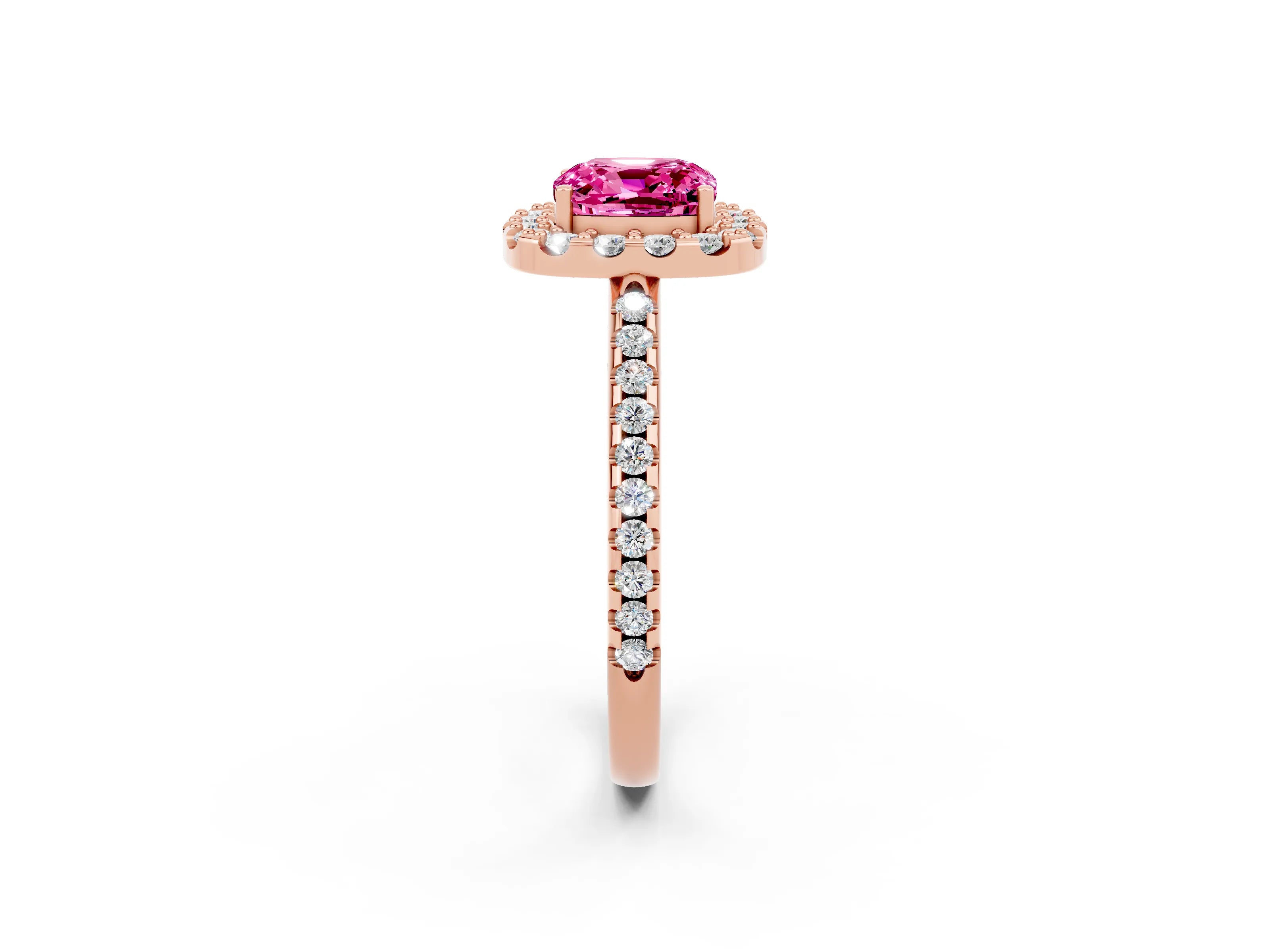 Rose gold Cushion Cut Pink Sapphire Pavé Halo Ring with Four-Prong Setting_14