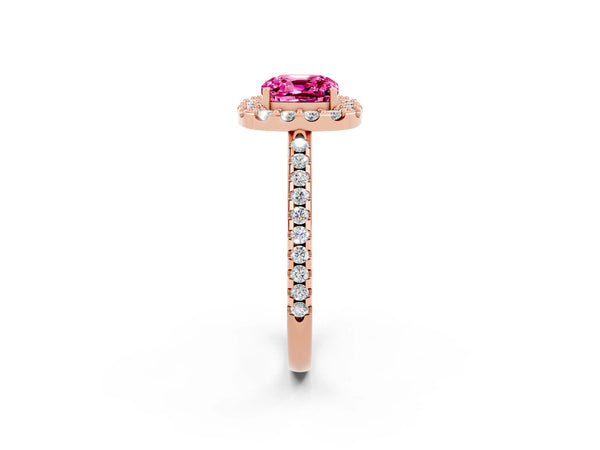 Rose gold Cushion Cut Pink Sapphire Pavé Halo Ring with Four-Prong Setting