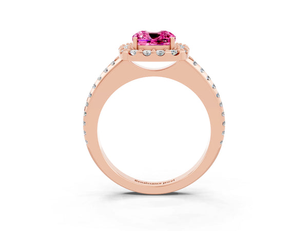 Rose gold Cushion Cut Pink Sapphire Pavé Halo Ring with Four-Prong Setting