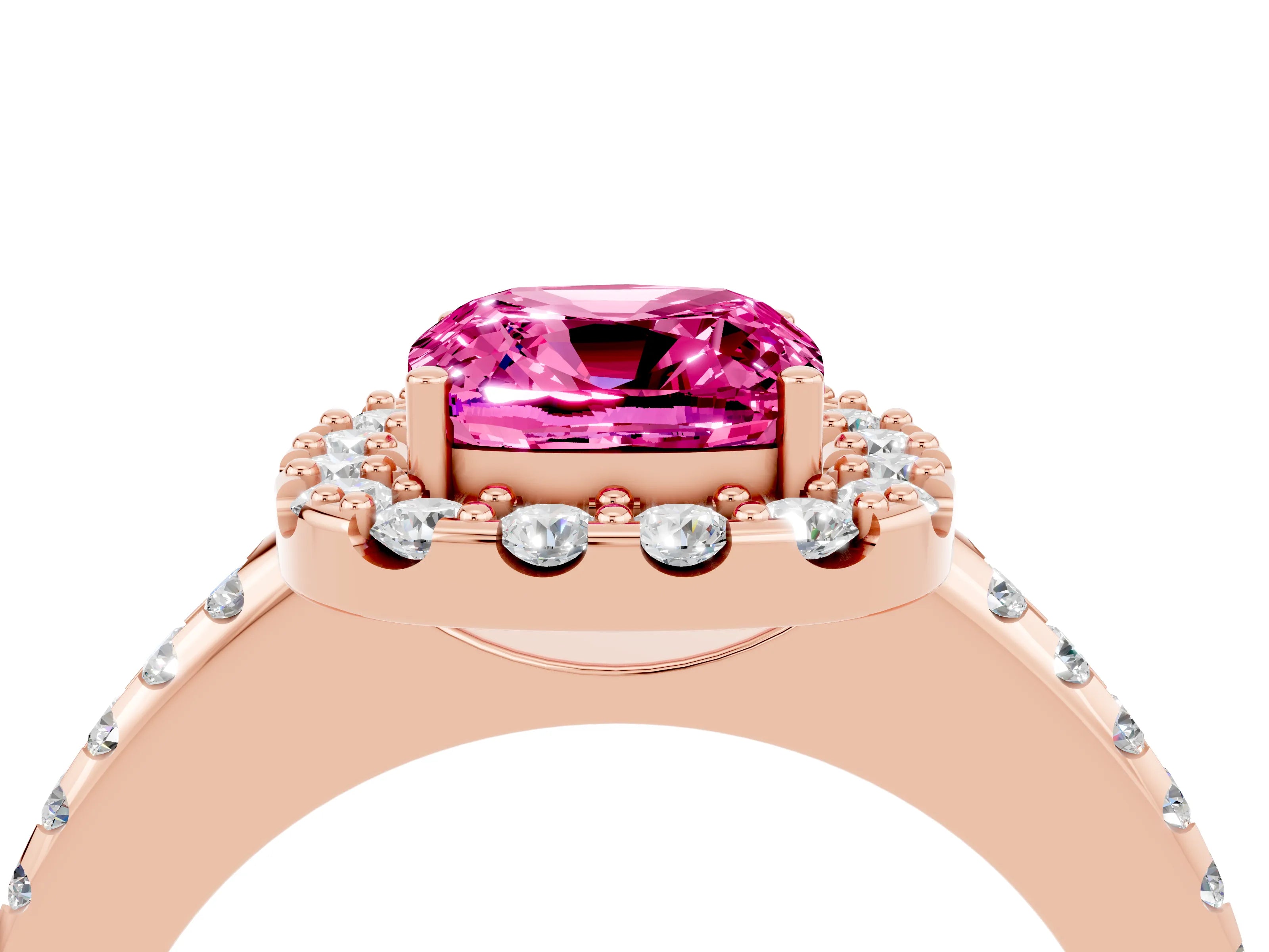 Rose gold Cushion Cut Pink Sapphire Pavé Halo Ring with Four-Prong Setting_16