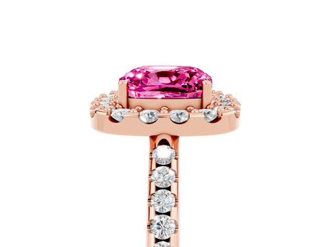 Rose gold Cushion Cut Pink Sapphire Pavé Halo Ring with Four-Prong Setting_17