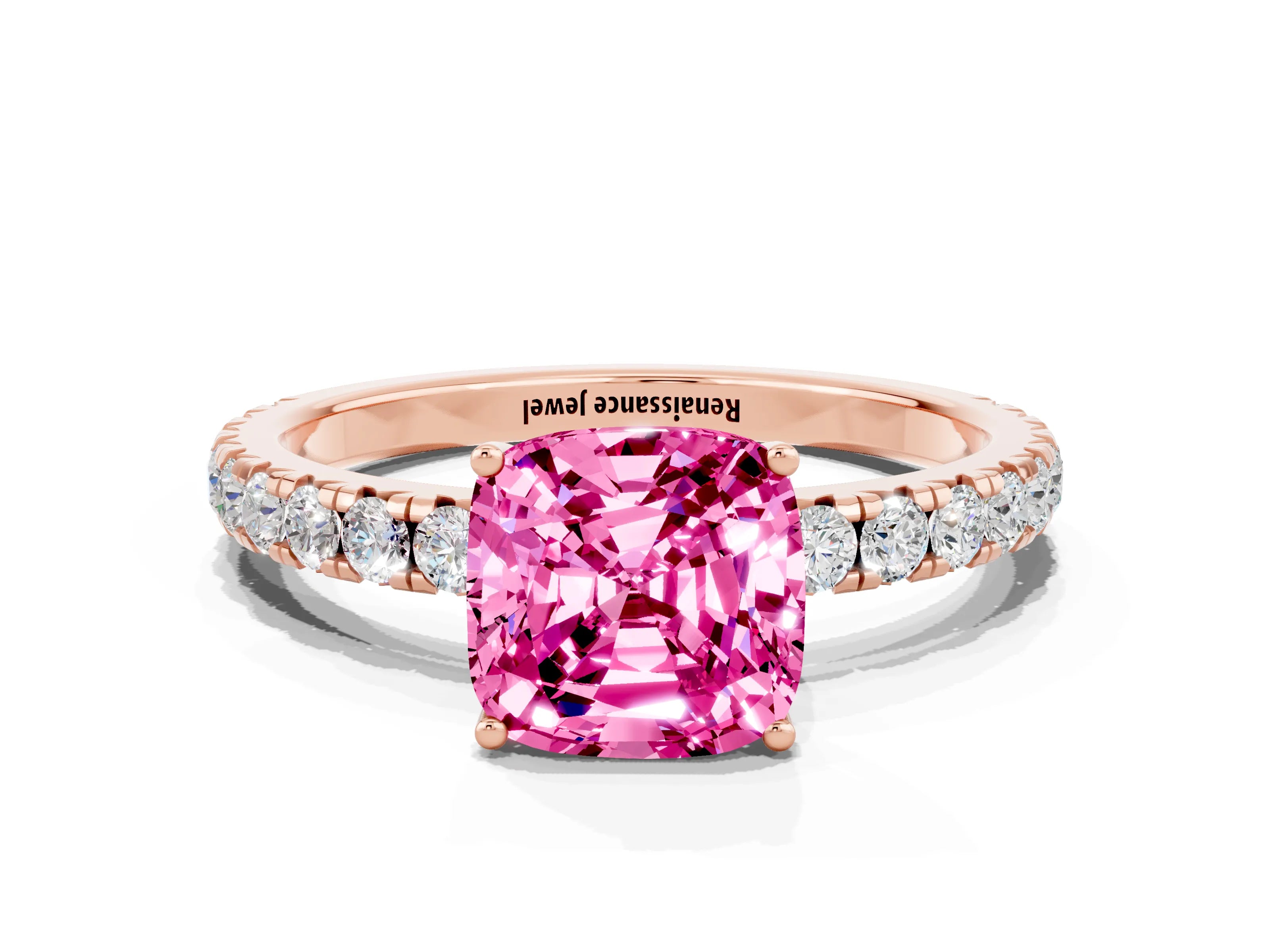 Rose gold Cushion Cut Pink Sapphire Pavé Solitaire Engagement Ring with Four-Prong Setting_12