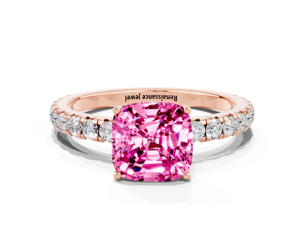 Rose gold Cushion Cut Pink Sapphire Pavé Solitaire Engagement Ring with Four-Prong Setting