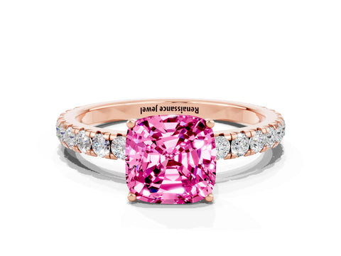 Rose gold Cushion Cut Pink Sapphire Pavé Solitaire Engagement Ring with Four-Prong Setting_12