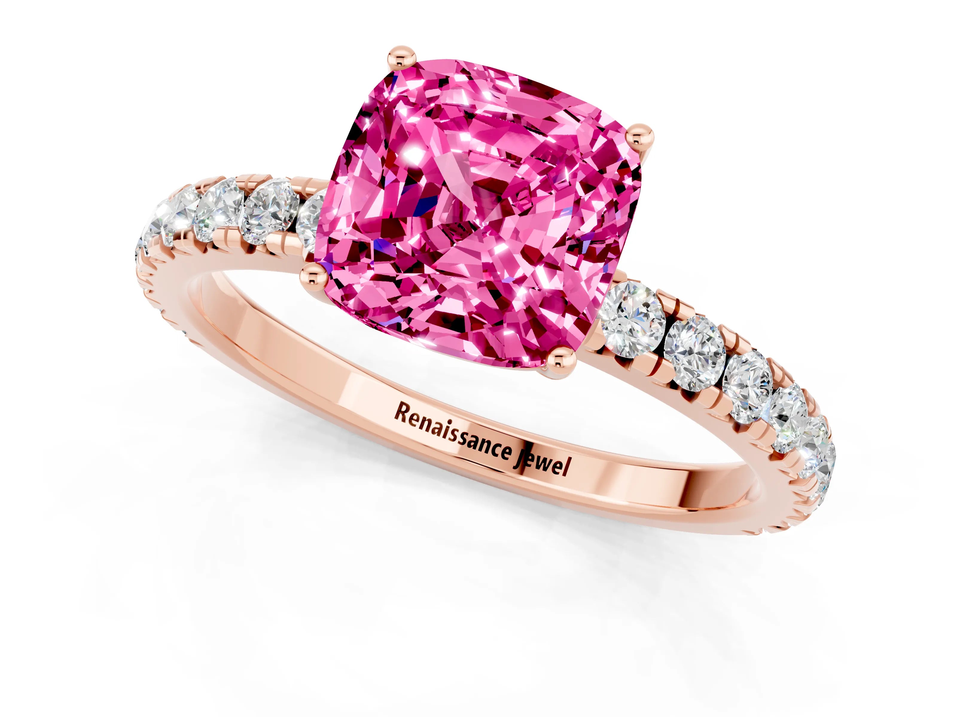 Rose gold Cushion Cut Pink Sapphire Pavé Solitaire Engagement Ring with Four-Prong Setting_13