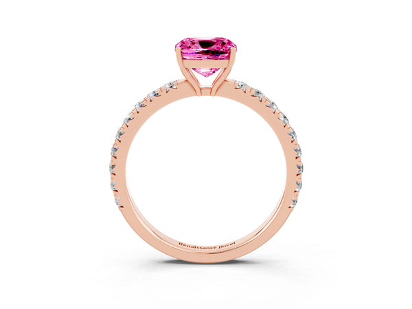 Rose gold Cushion Cut Pink Sapphire Pavé Solitaire Engagement Ring with Four-Prong Setting