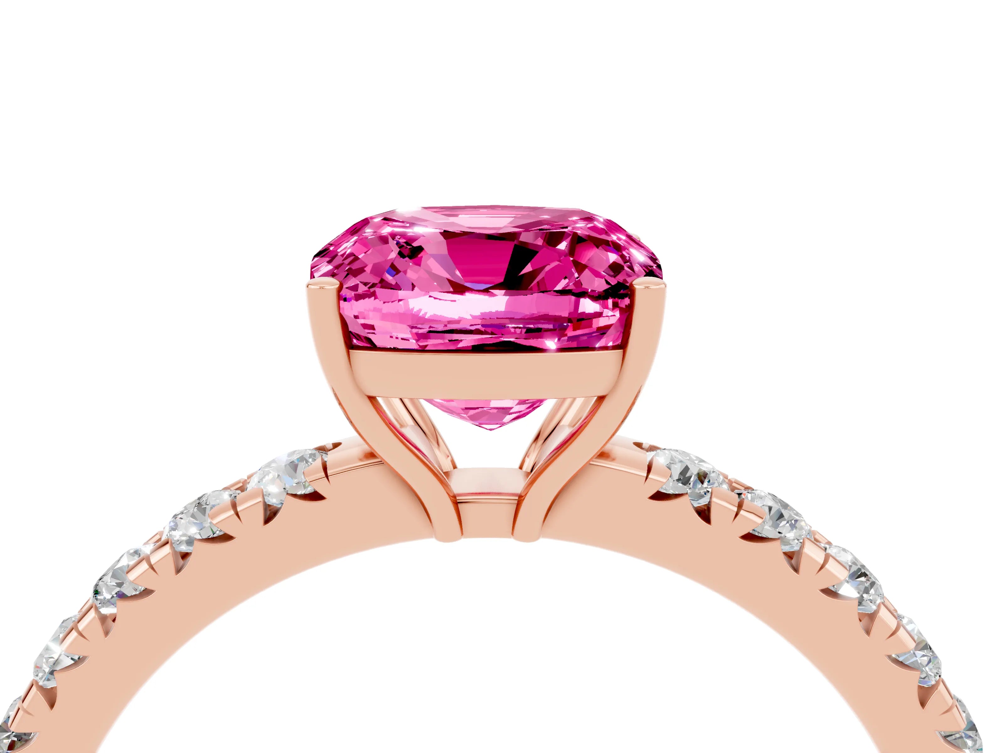 Rose gold Cushion Cut Pink Sapphire Pavé Solitaire Engagement Ring with Four-Prong Setting_16