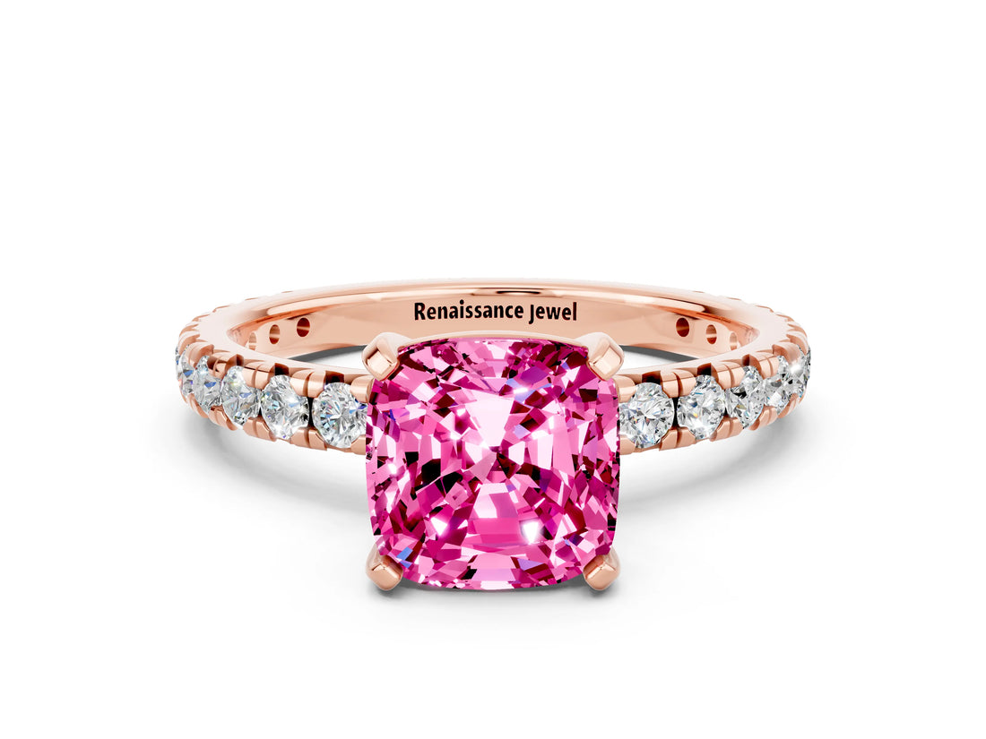 Rose gold Cushion Cut Pink Sapphire Pavé Solitaire Ring with Round Band and Prong Setting_12