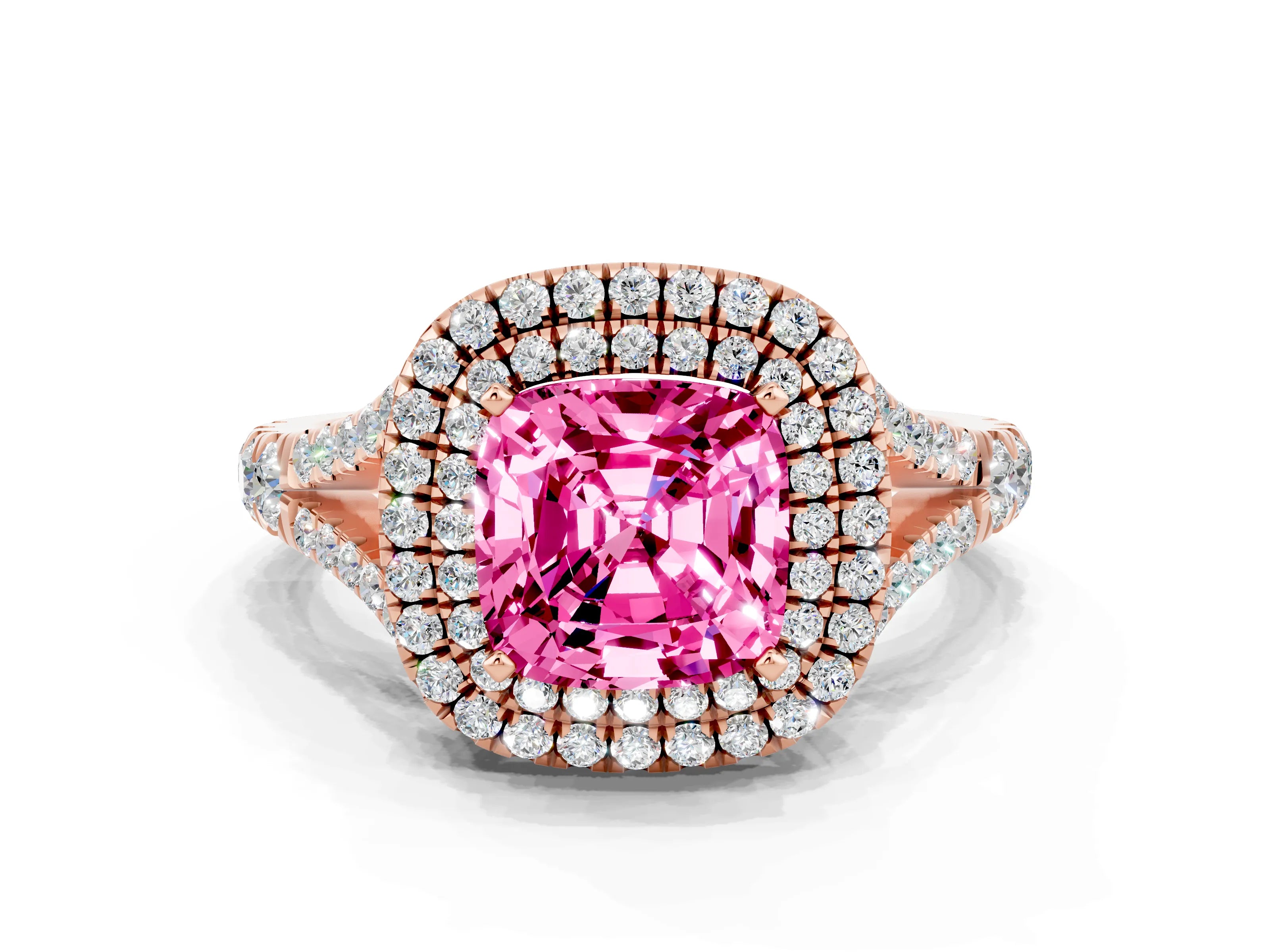 Rose gold Cushion Cut Pink Sapphire Pavé Split Shank Double Halo Engagement Ring
