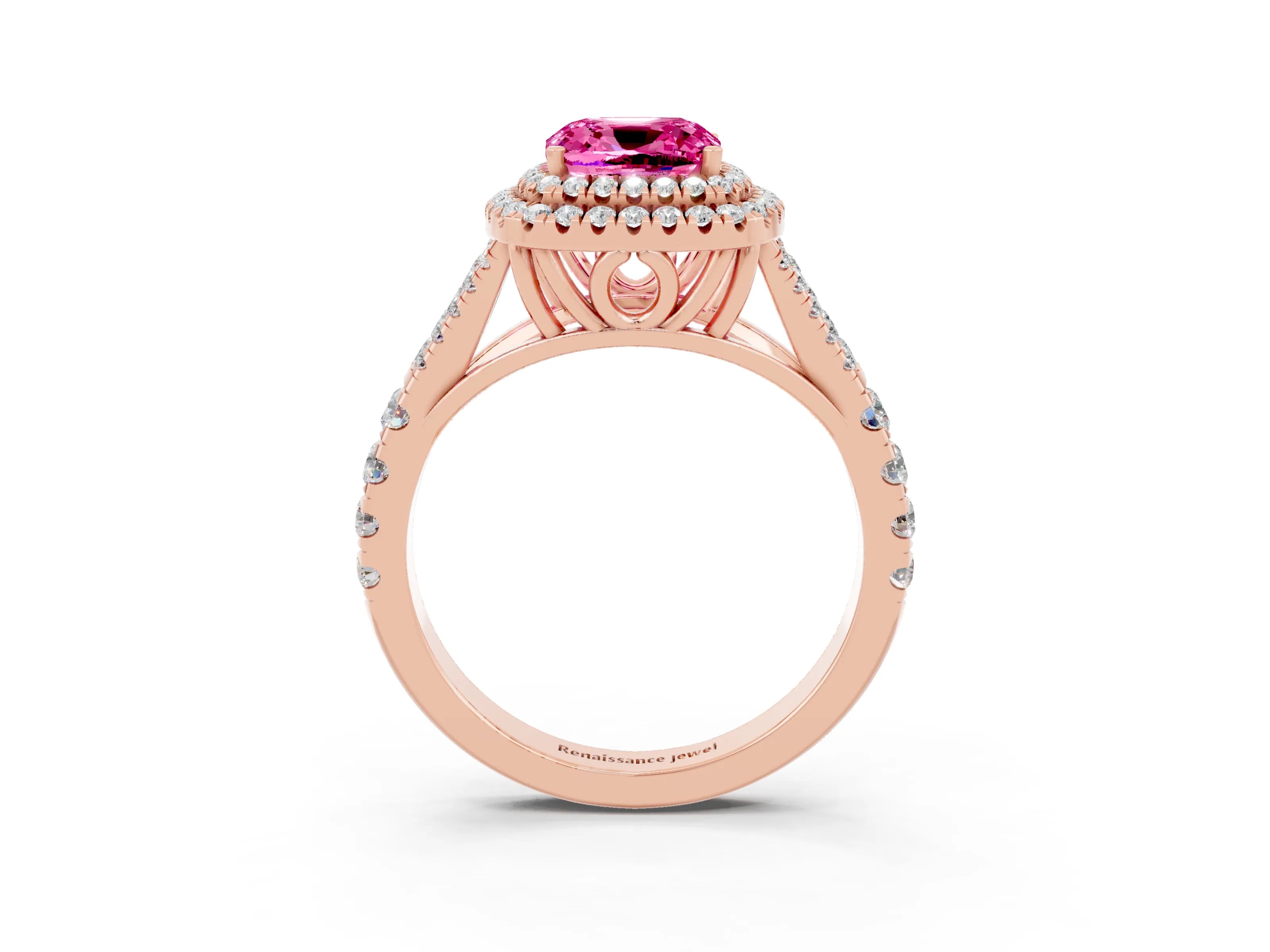 Rose gold Cushion Cut Pink Sapphire Pavé Split Shank Double Halo Engagement Ring_3