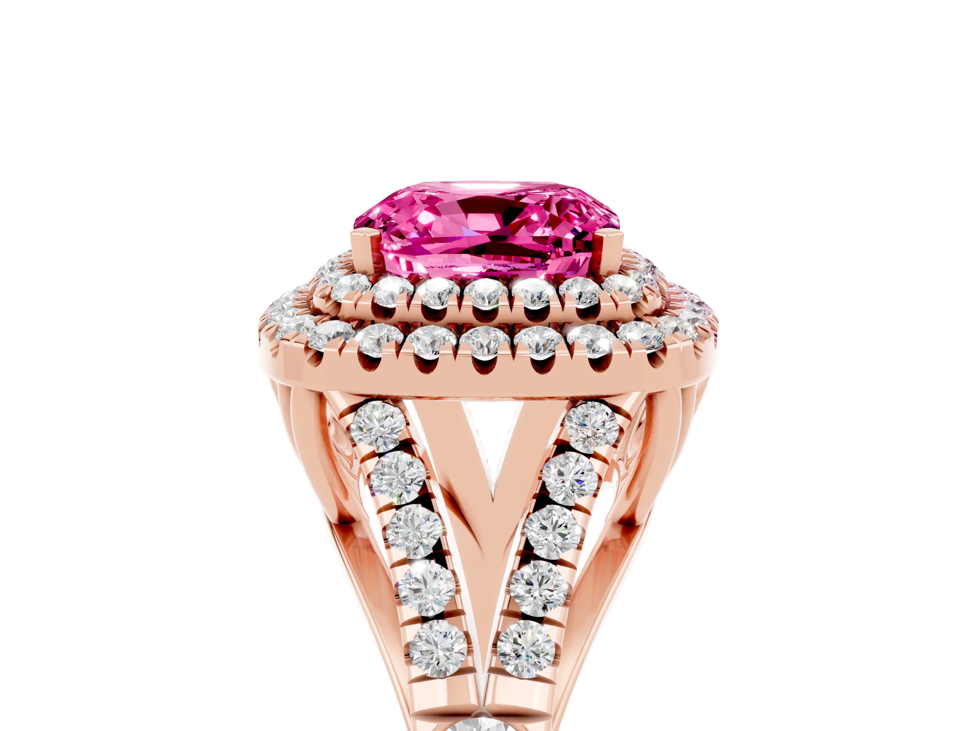 Rose gold Cushion Cut Pink Sapphire Pavé Split Shank Double Halo Engagement Ring_5