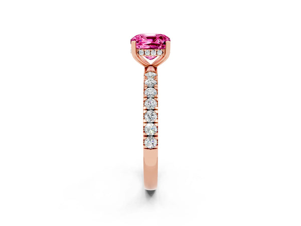 Rose gold Cushion Cut Pink Sapphire Pave Band Solitaire Ring with Round  and Prong Setting