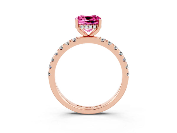 Rose gold Cushion Cut Pink Sapphire Pave Band Solitaire Ring with Round  and Prong Setting