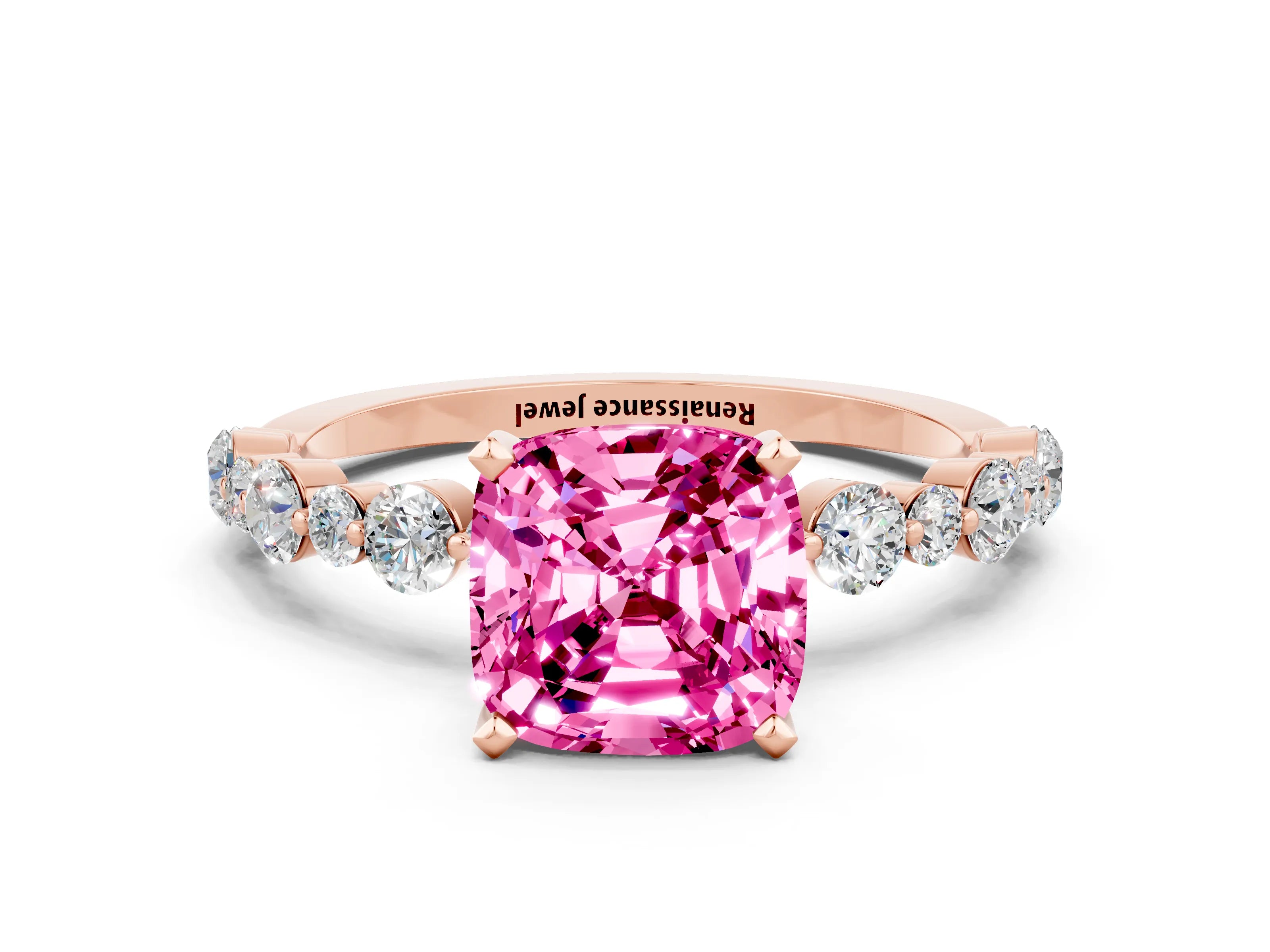 Rose gold Cushion Cut Pink Sapphire Prong Set Engagement Ring with Pavé Band_12