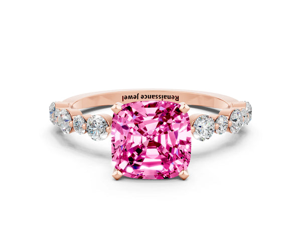 Rose gold Cushion Cut Pink Sapphire Prong Set Engagement Ring with Pavé Band