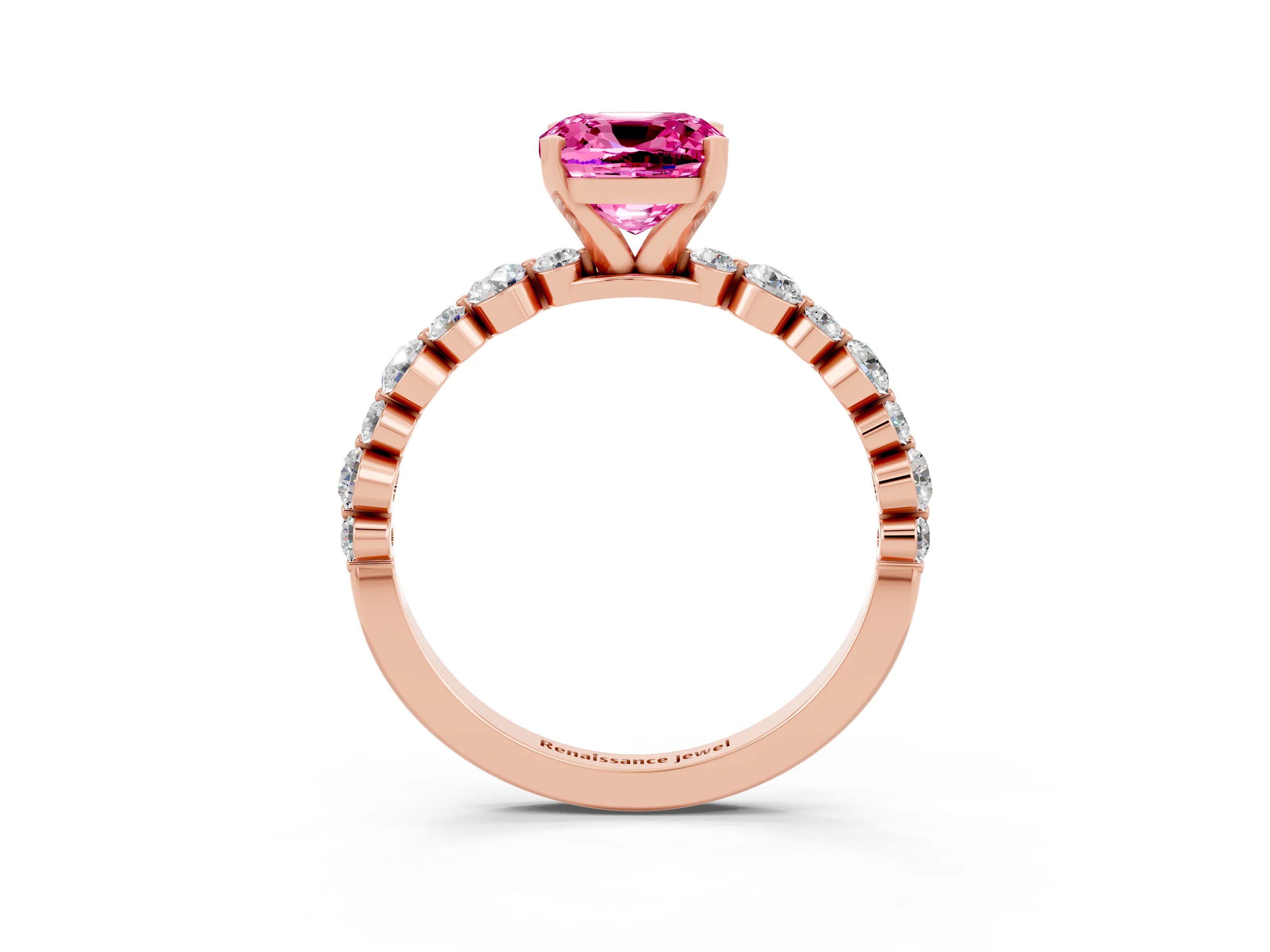 Rose gold Cushion Cut Pink Sapphire Prong Set Engagement Ring with Pavé Band_15