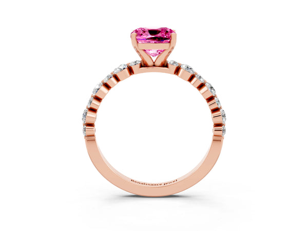 Rose gold Cushion Cut Pink Sapphire Prong Set Engagement Ring with Pavé Band