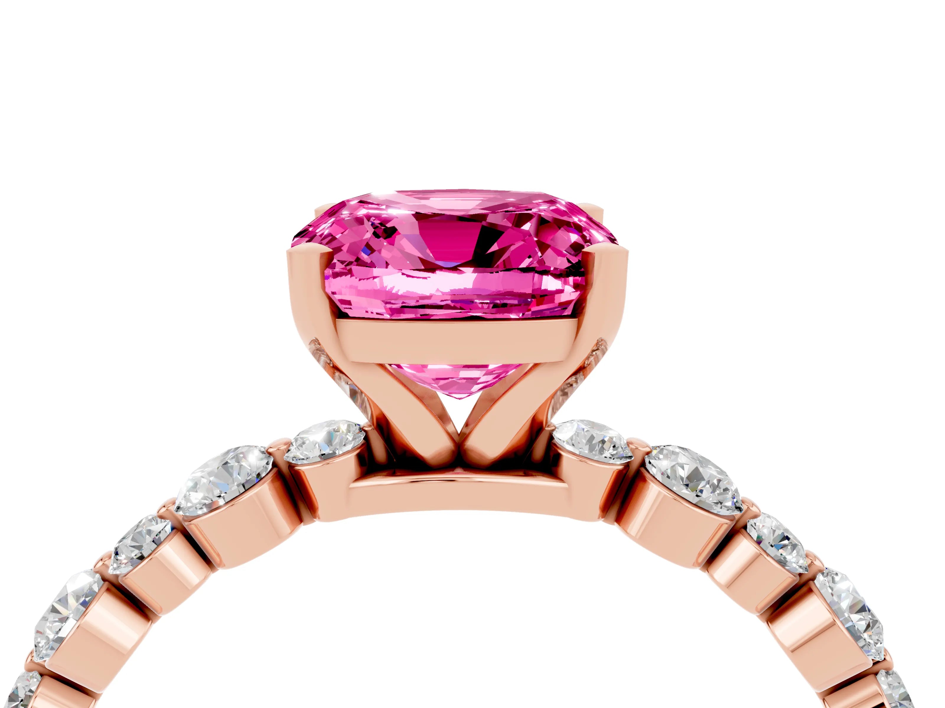 Rose gold Cushion Cut Pink Sapphire Prong Set Engagement Ring with Pavé Band_16