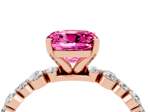 Rose gold Cushion Cut Pink Sapphire Prong Set Engagement Ring with Pavé Band_16