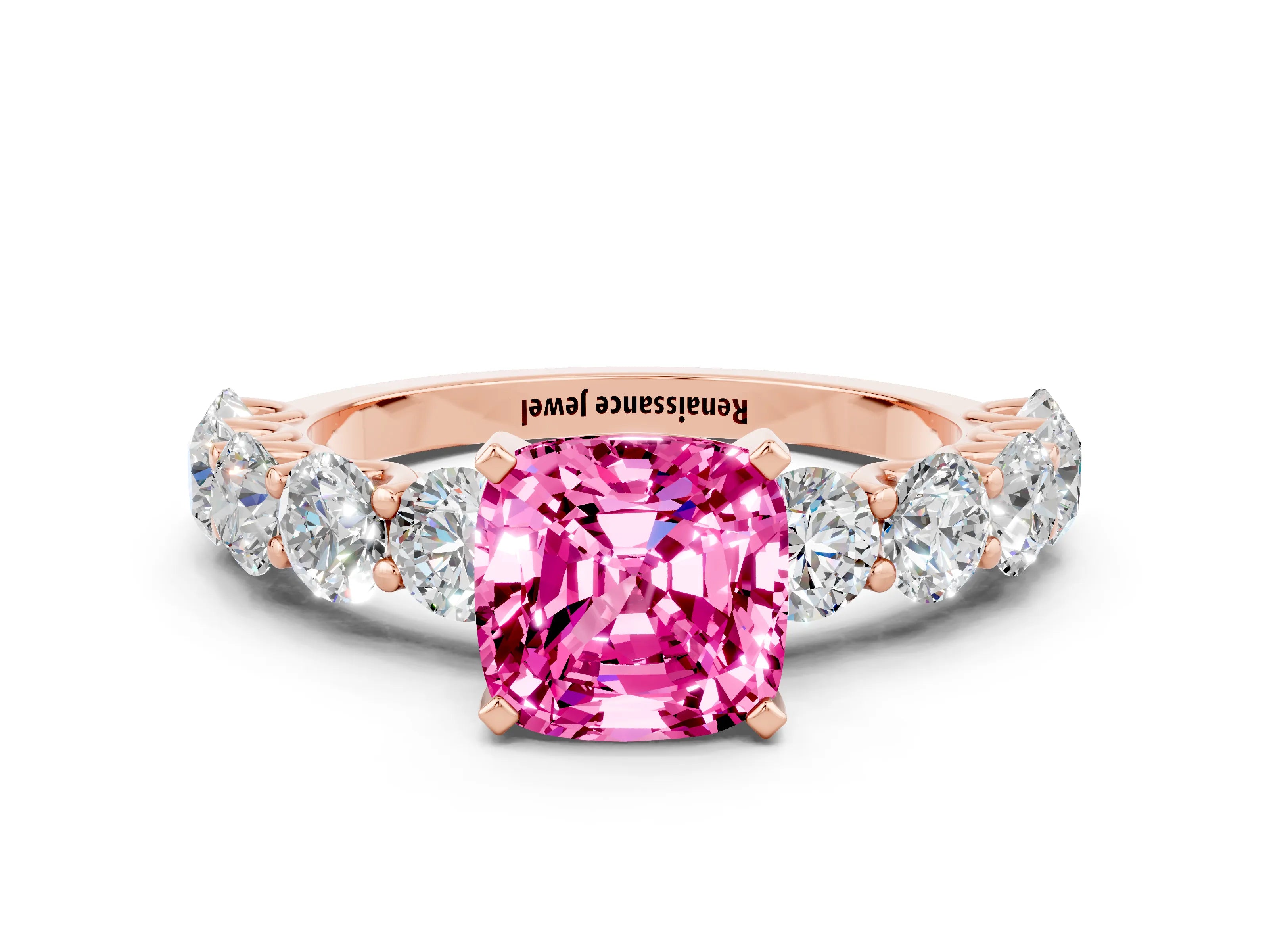 Rose gold Cushion Cut Pink Sapphire Prong Setting with Side Stones on a Pave Band_24