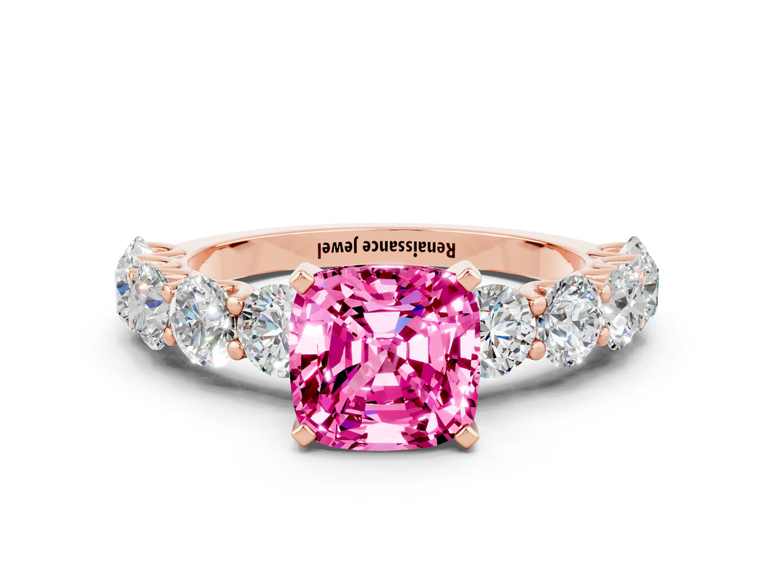 Rose gold Cushion Cut Pink Sapphire Prong Setting with Side Stones on a Pave Band_24