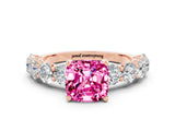 Rose gold Cushion Cut Pink Sapphire Prong Setting with Side Stones on a Pave Band_24
