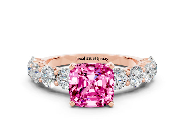 Rose gold Cushion Cut Pink Sapphire Prong Setting with Side Stones on a Pave Band